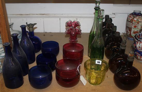 Pair of overlaid glass decanters & other coloured glassware